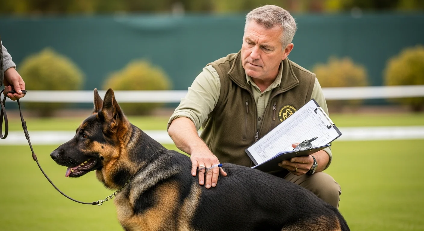 Breed warden conducting a litter evaluation of working breed puppies assessing individual puppy structure and temperament
