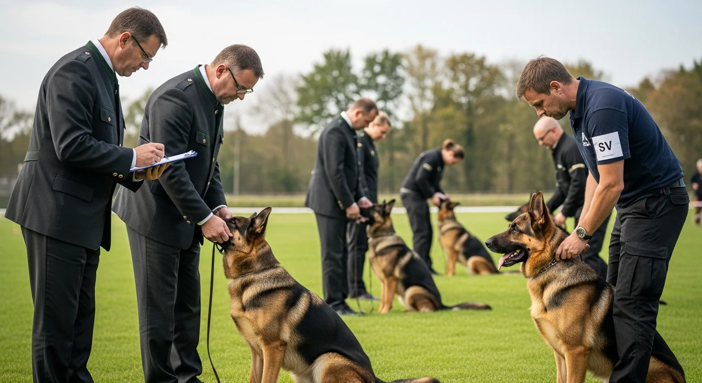 Experienced breed evaluator examining a working dog puppy's structural features during a formal litter assessment