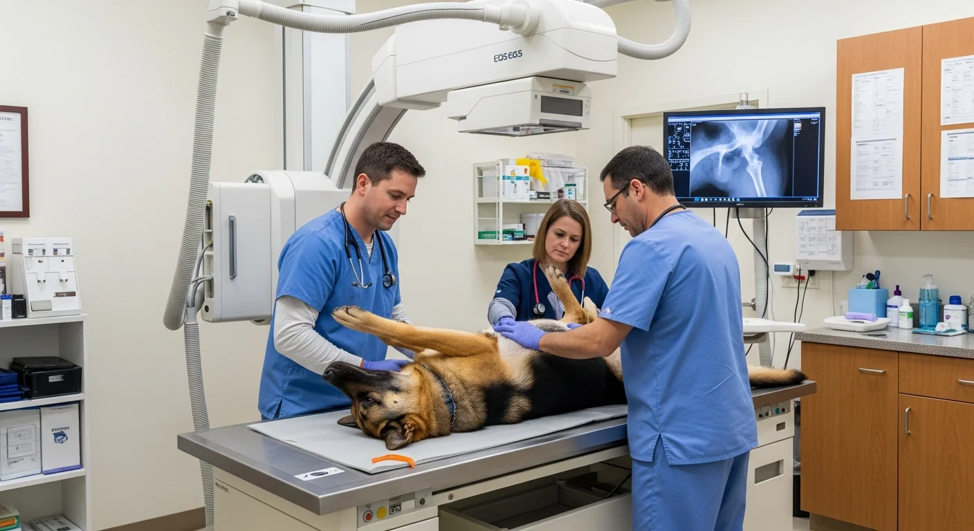 Veterinarian performing a hip evaluation on a working breed dog