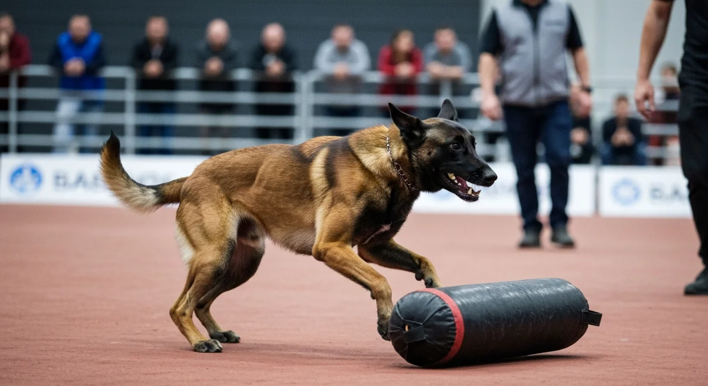 A large black coated working dog standing on wet gravel in an outdoor training yard at midday, handler's leash visible at the edge of frame, medium shot from slightly above
